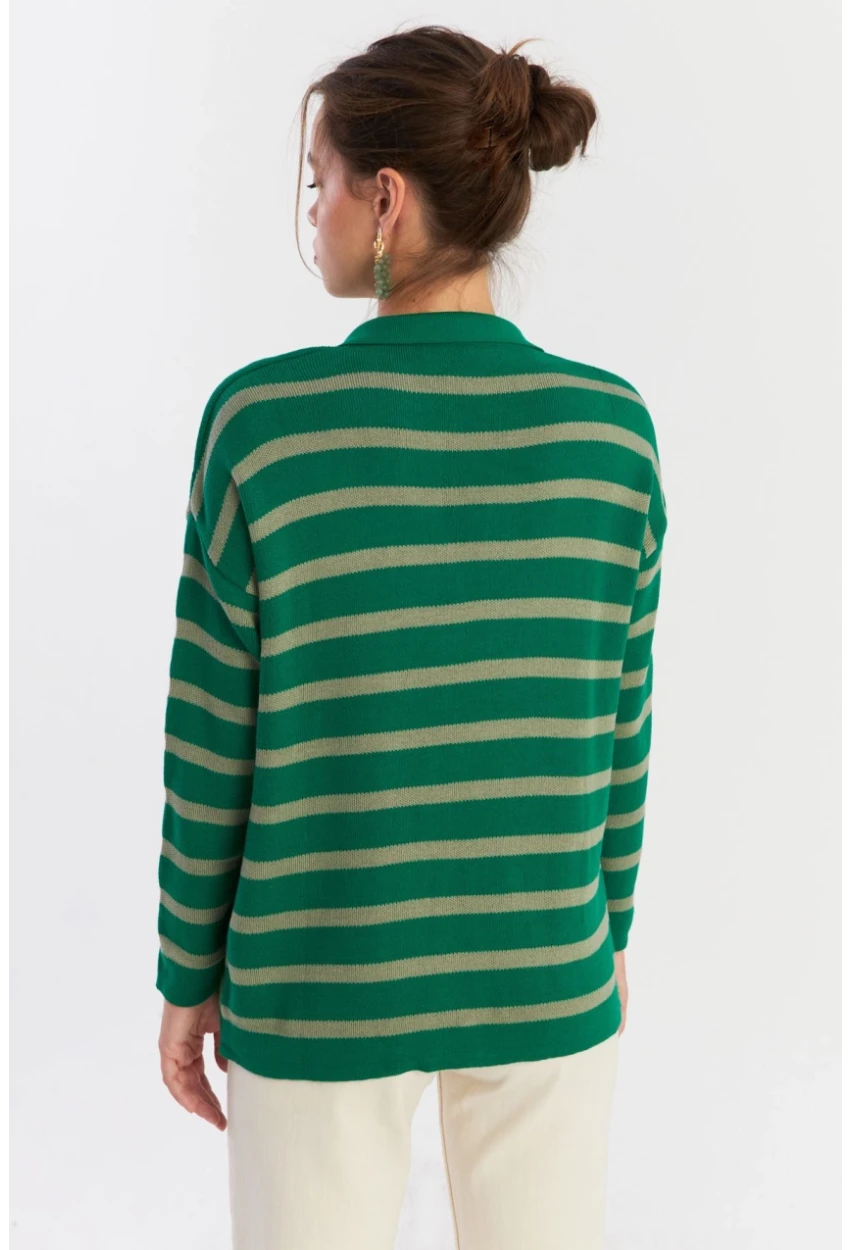 Kadın Yeşil-Gri Polo Yaka Çizgili Triko Kazak SE01