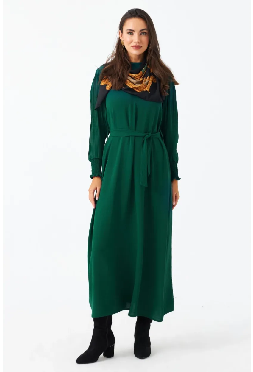 Kadın Yeşil Kolları Pileli Kemerli Maxi Elbise MASF124