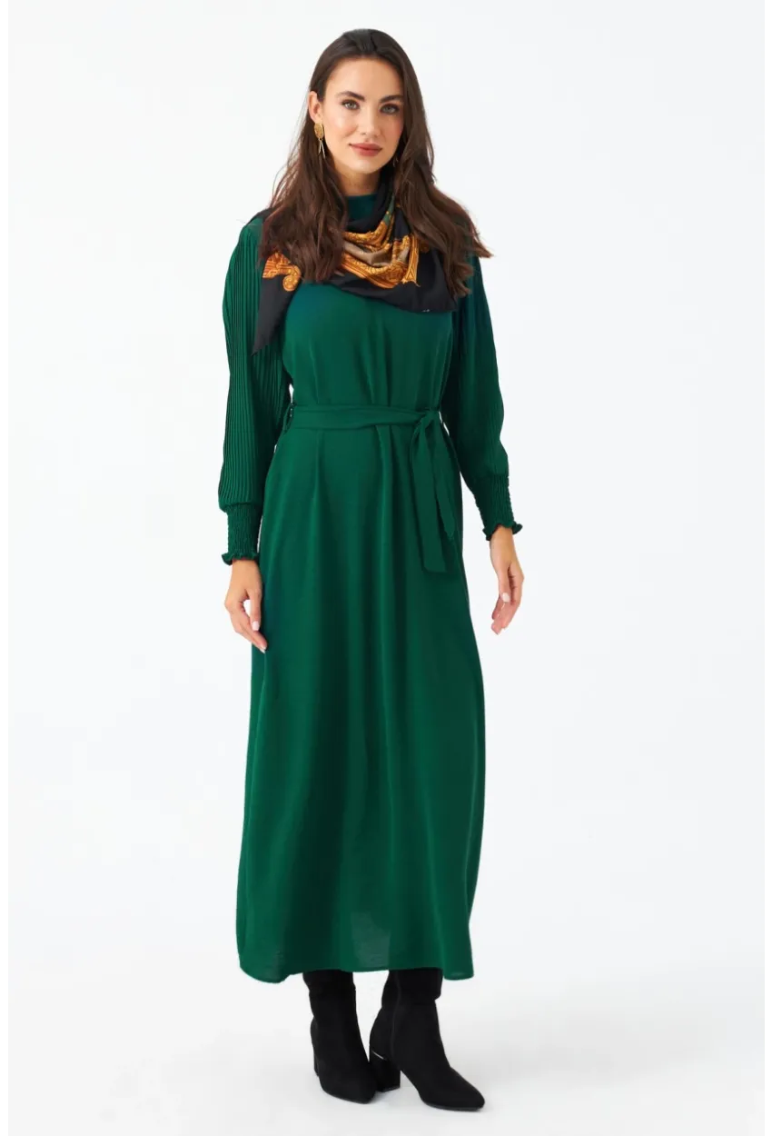 Kadın Yeşil Kolları Pileli Kemerli Maxi Elbise MASF124