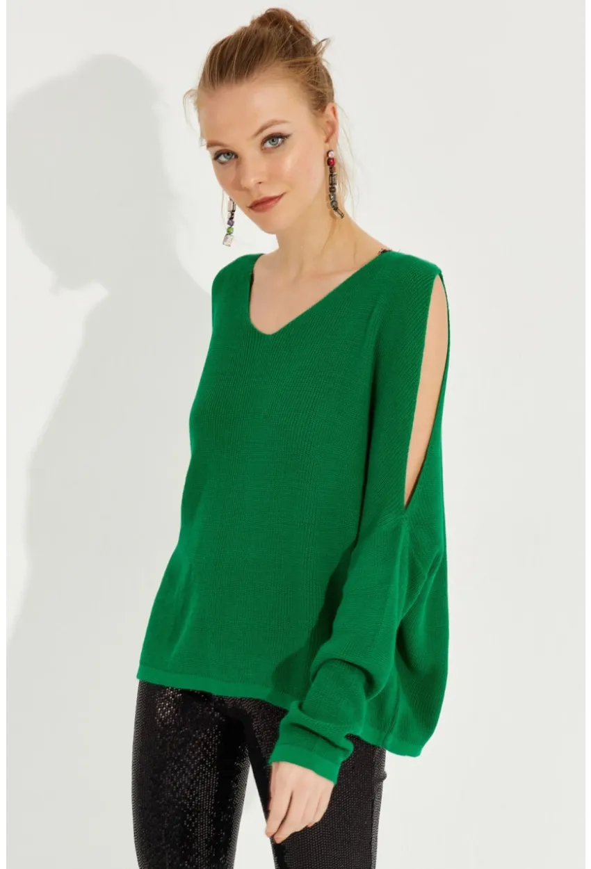 Kadın Yeşil Kolu Yırtmaçlı Triko Bluz SMT221