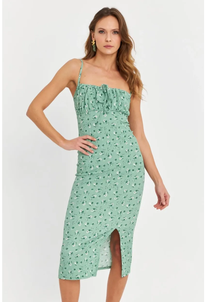 Kadın Yeşil Önü Bağlamalı Midi Elbise MTK10546