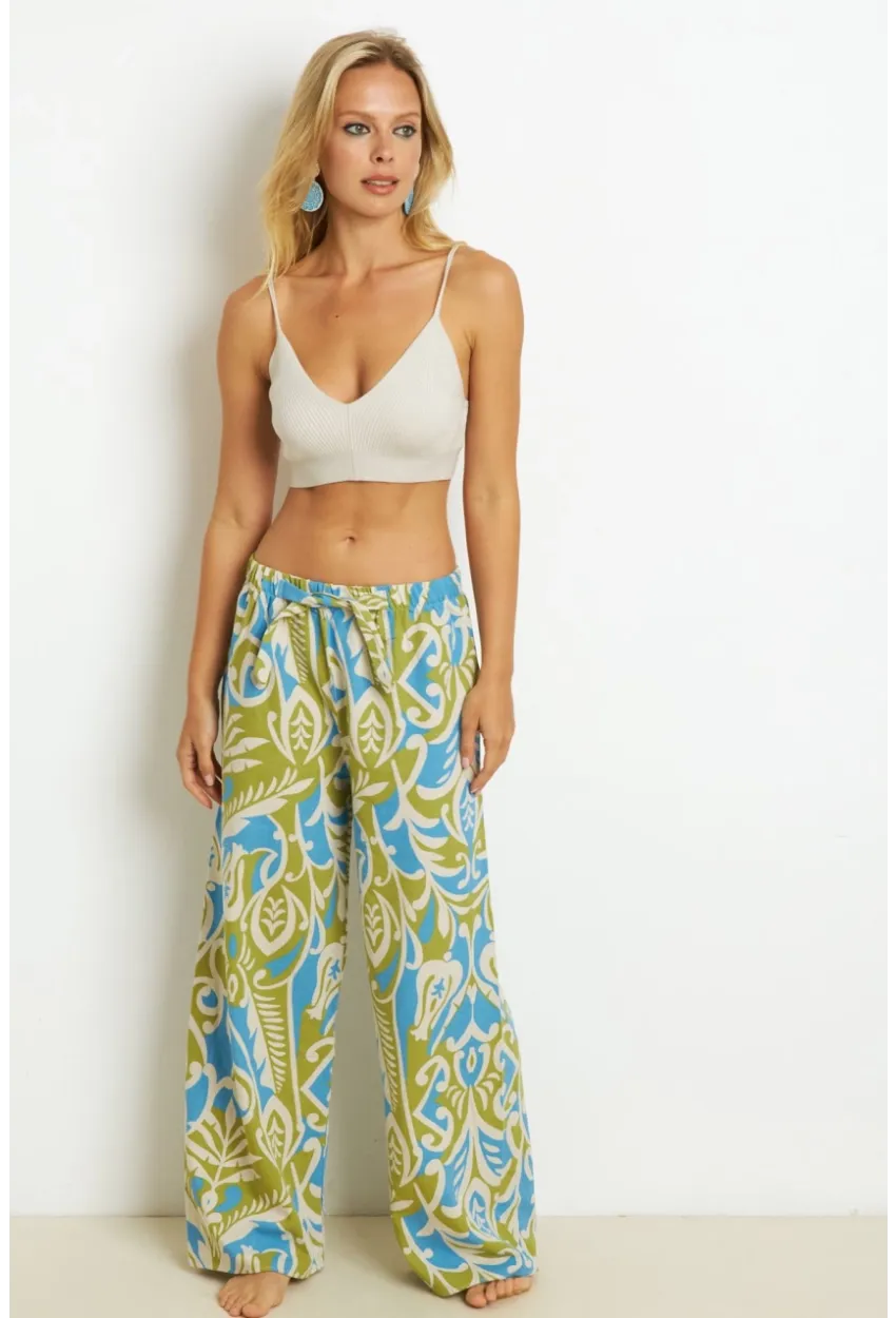 Kadın Yeşil Palozzo Desenli Keten Pantolon K1250