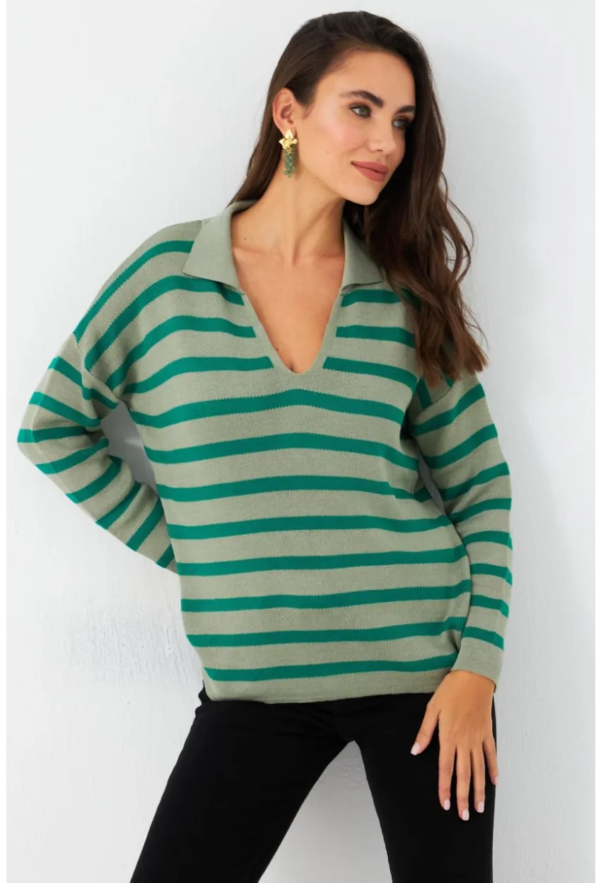 Kadın Yeşil Polo Yaka Çizgili Triko Kazak SE01