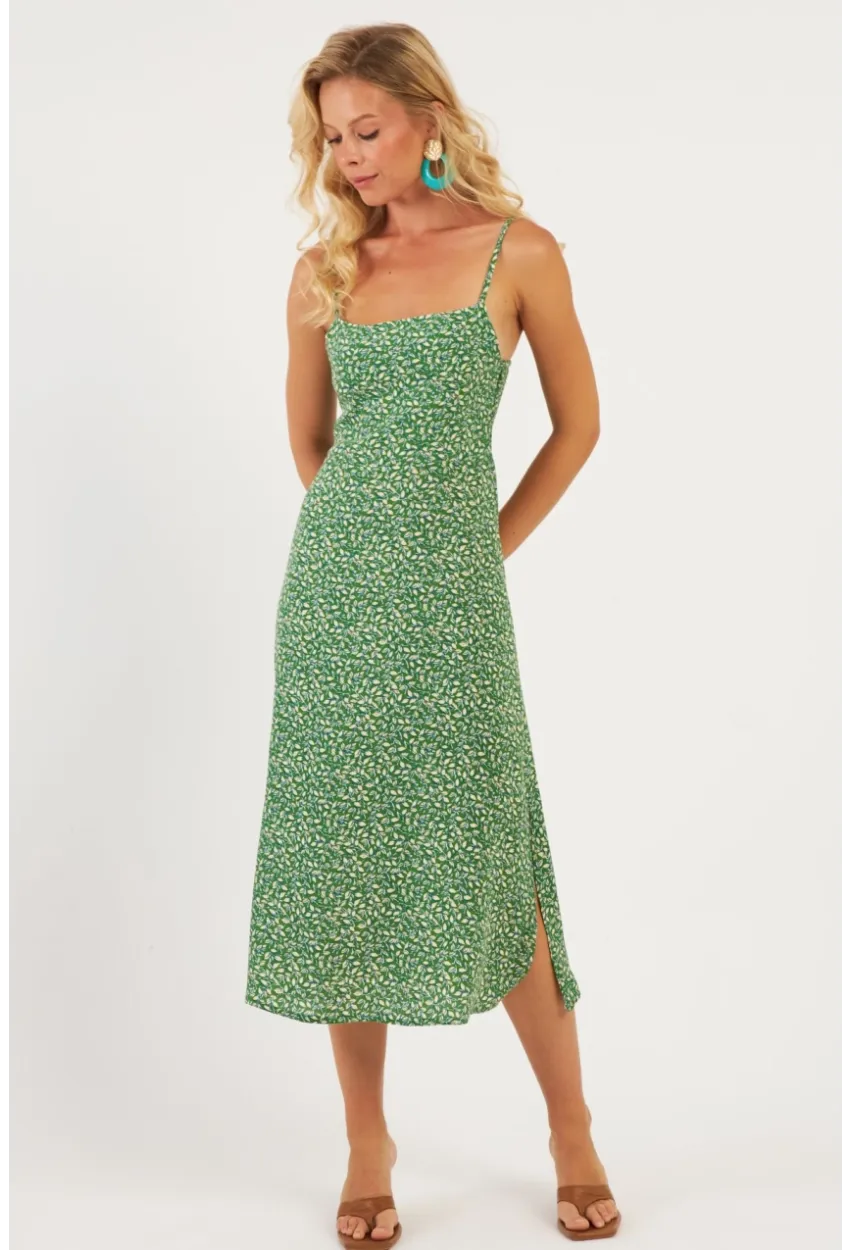 Kadın Yeşil Sırtı Gipeli Desenli Midi Elbise MP427