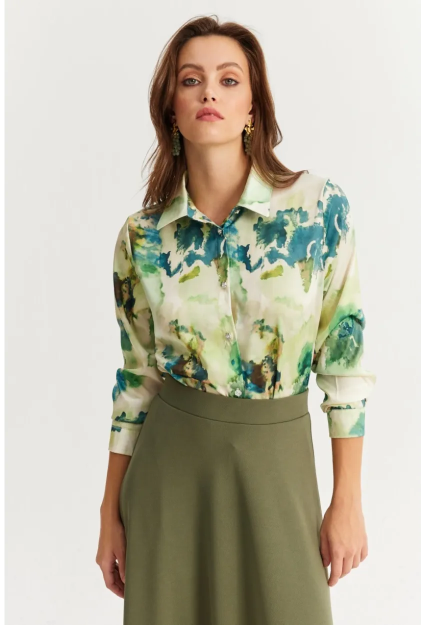 Kadın Yeşil Taş Düğmeli Desenli Gömlek MLVF9