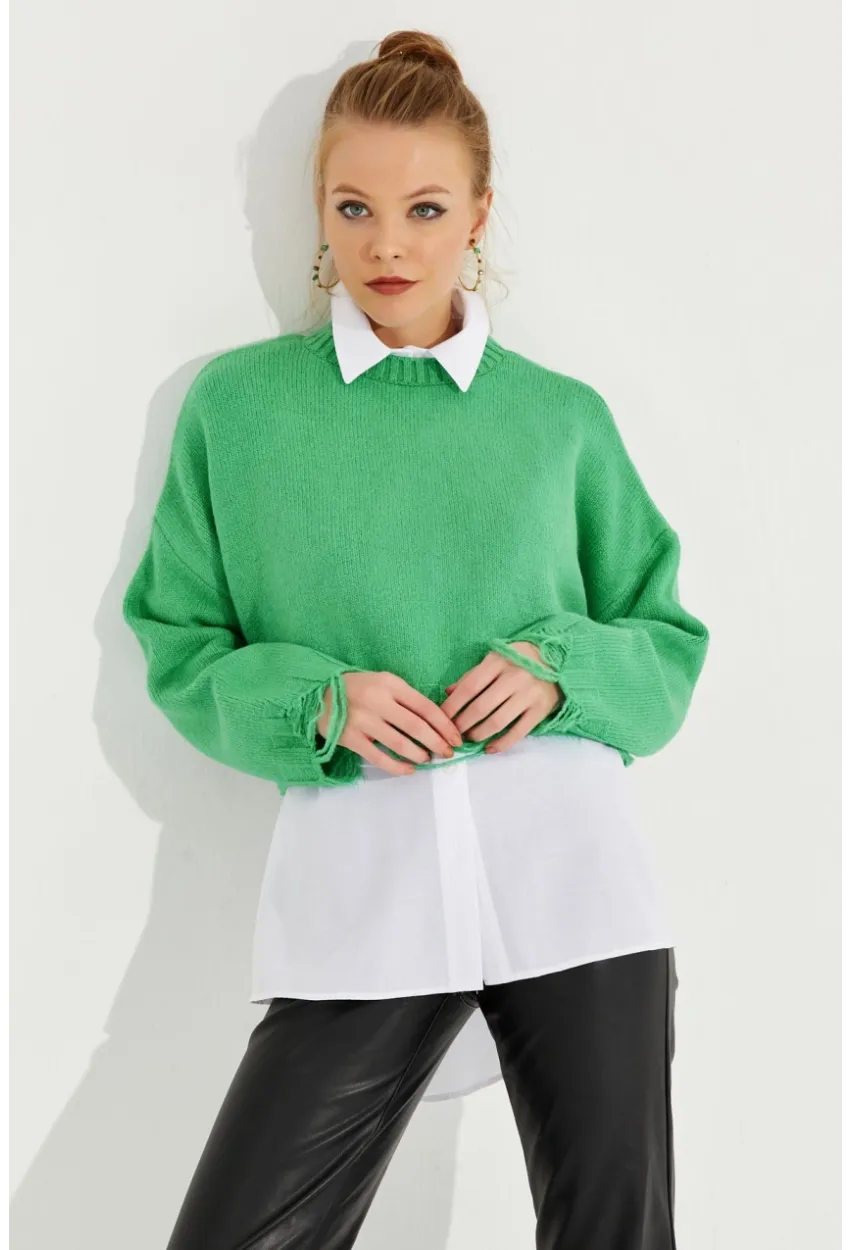 Kadın Yeşil Yırtık Detaylı Triko Kazak KZ2800