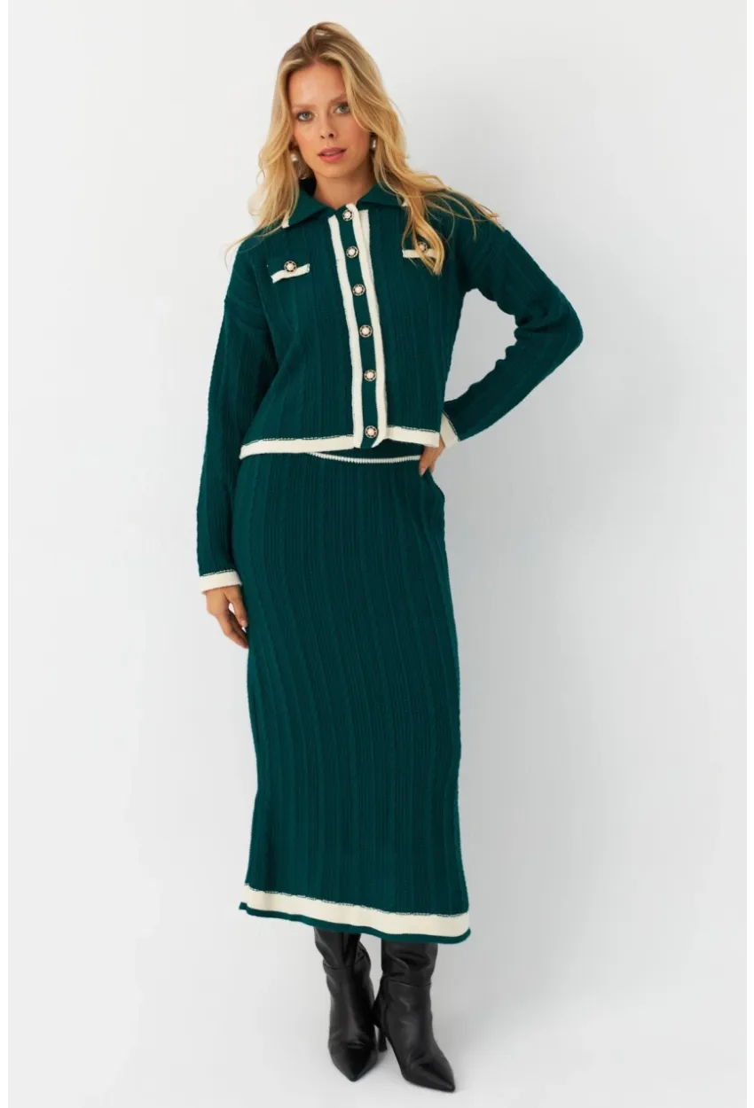 Kadın Zümrüt Yeşil İkili Alt Üst Triko Takım NUV34