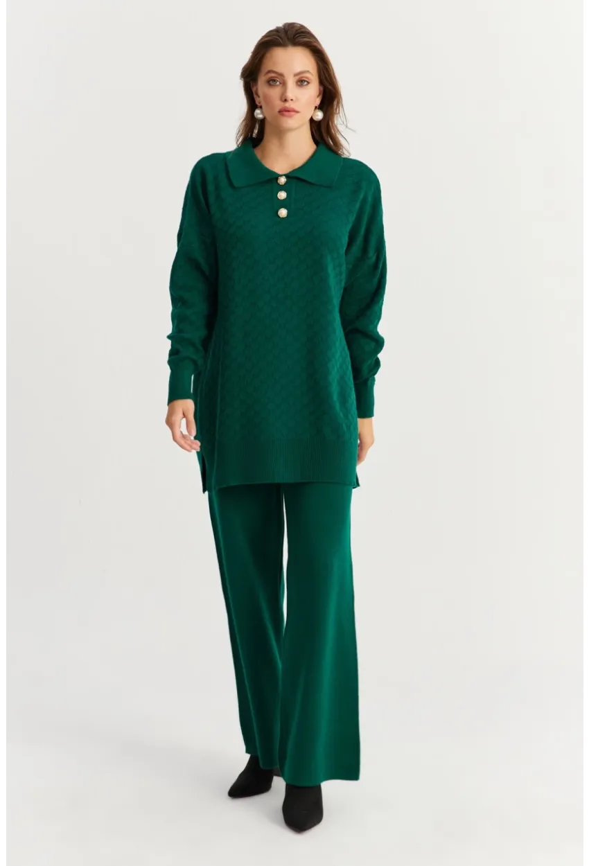 Kadın Zümrüt Yeşil İnci Düğmeli Triko Alt Üst Takım NUV33