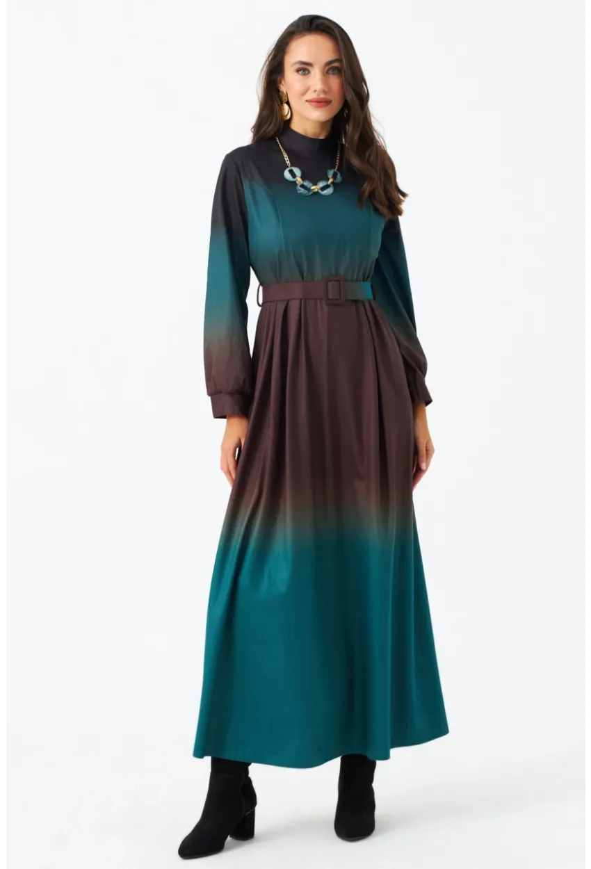 Kadın Zümrüt Yeşil Kemerli Maxi Elbise MHAD4974