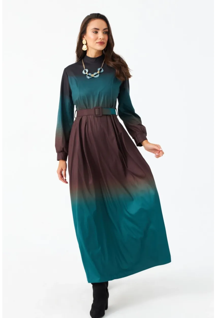 Kadın Zümrüt Yeşil Kemerli Maxi Elbise MHAD4974