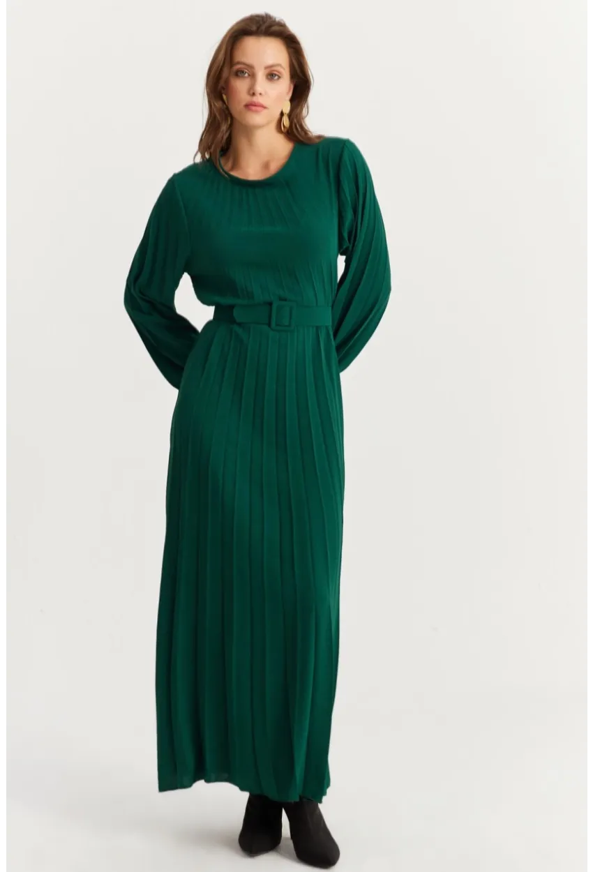 Kadın Zümrüt Yeşil Kemerli Plili Maxi Elbise ALZ500