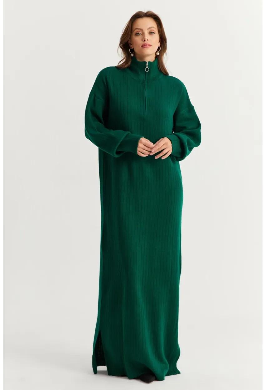 Kadın Zümrüt Yeşil Yakası Fermuarlı Triko Maxi Elbise MNUV10