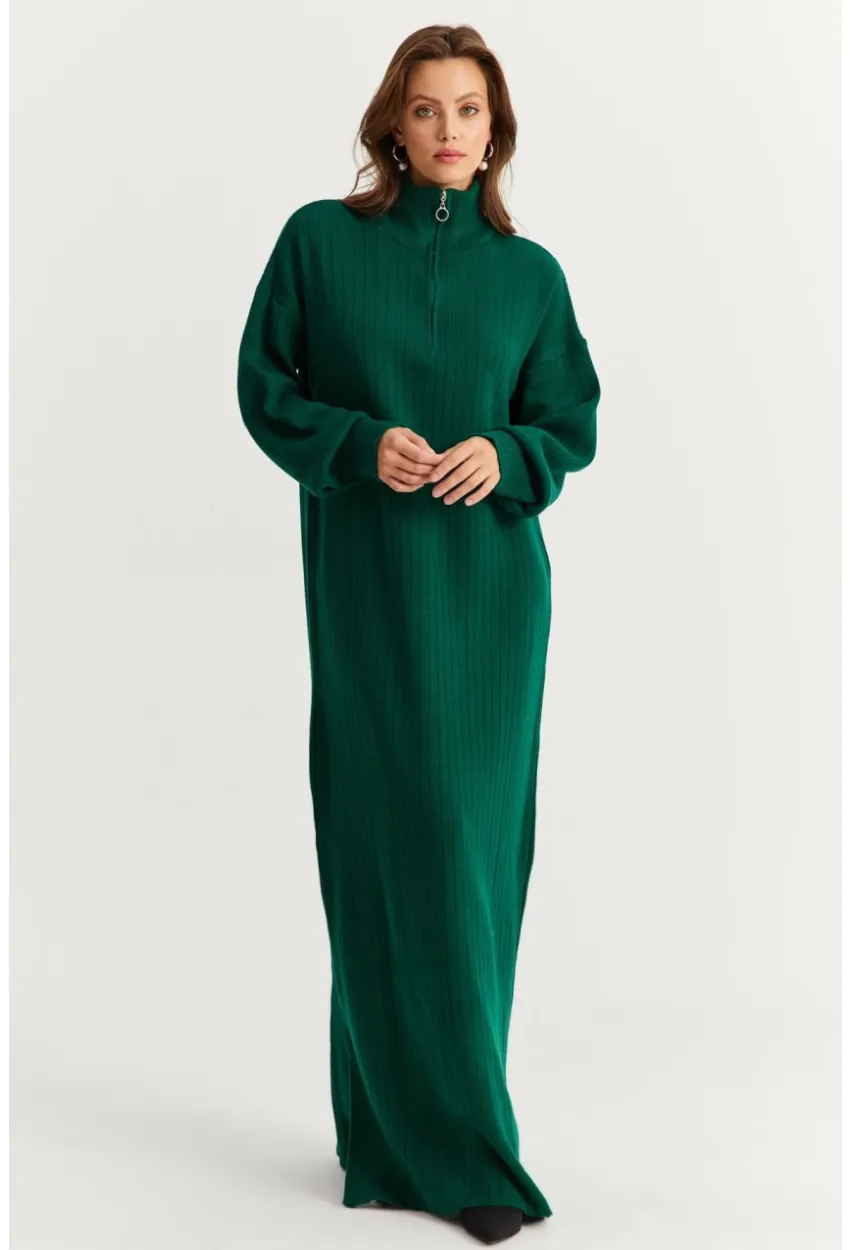 Kadın Zümrüt Yeşil Yakası Fermuarlı Triko Maxi Elbise MNUV10