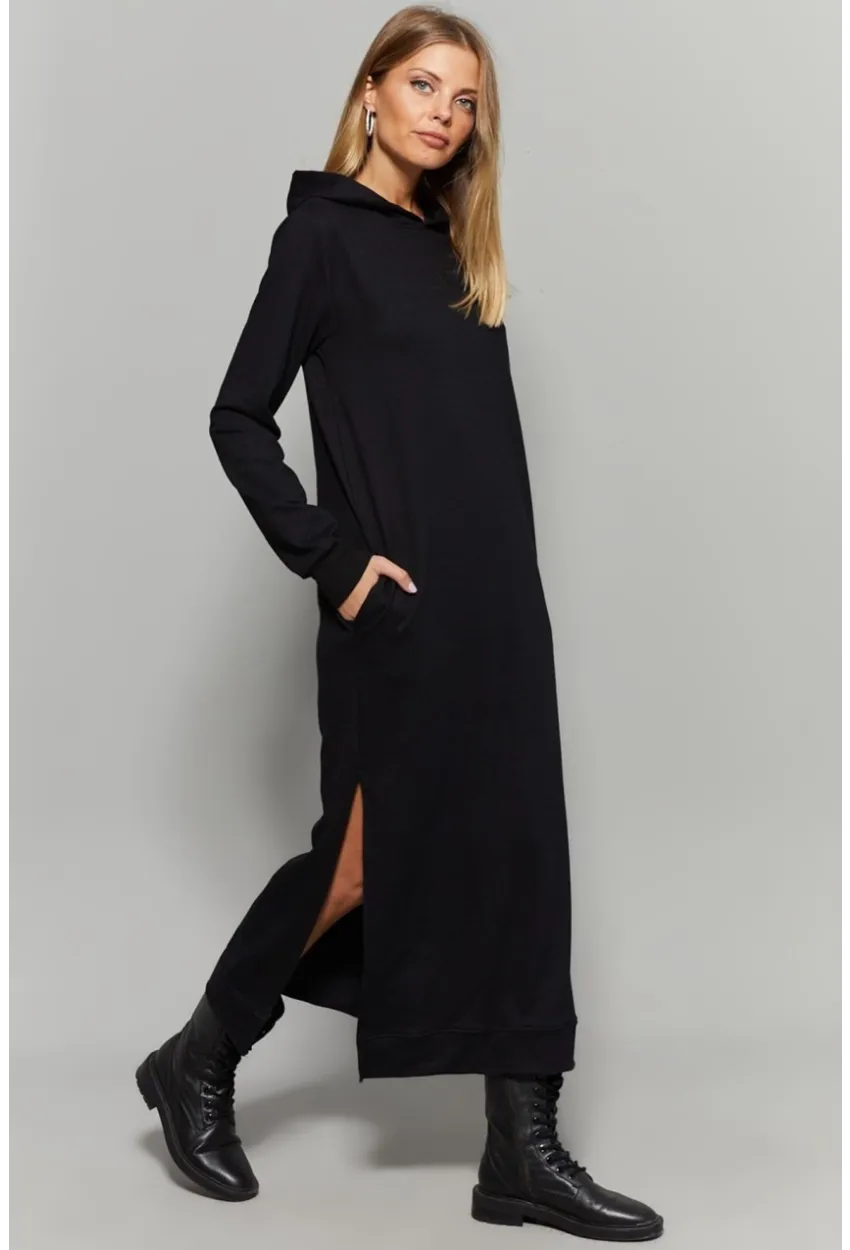 Siyah Çift Yırtmaçlı Kapüşonlu Maxi Elbise MEY1111