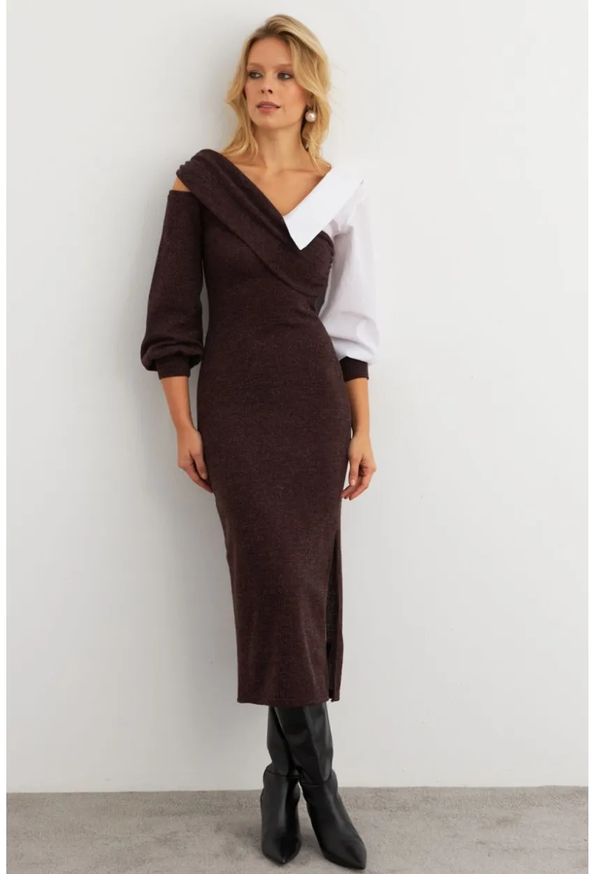 Kadın Acı-Kahve Blok Kumaşlı Asimetrik Yaka Maxi Elbise KED4469