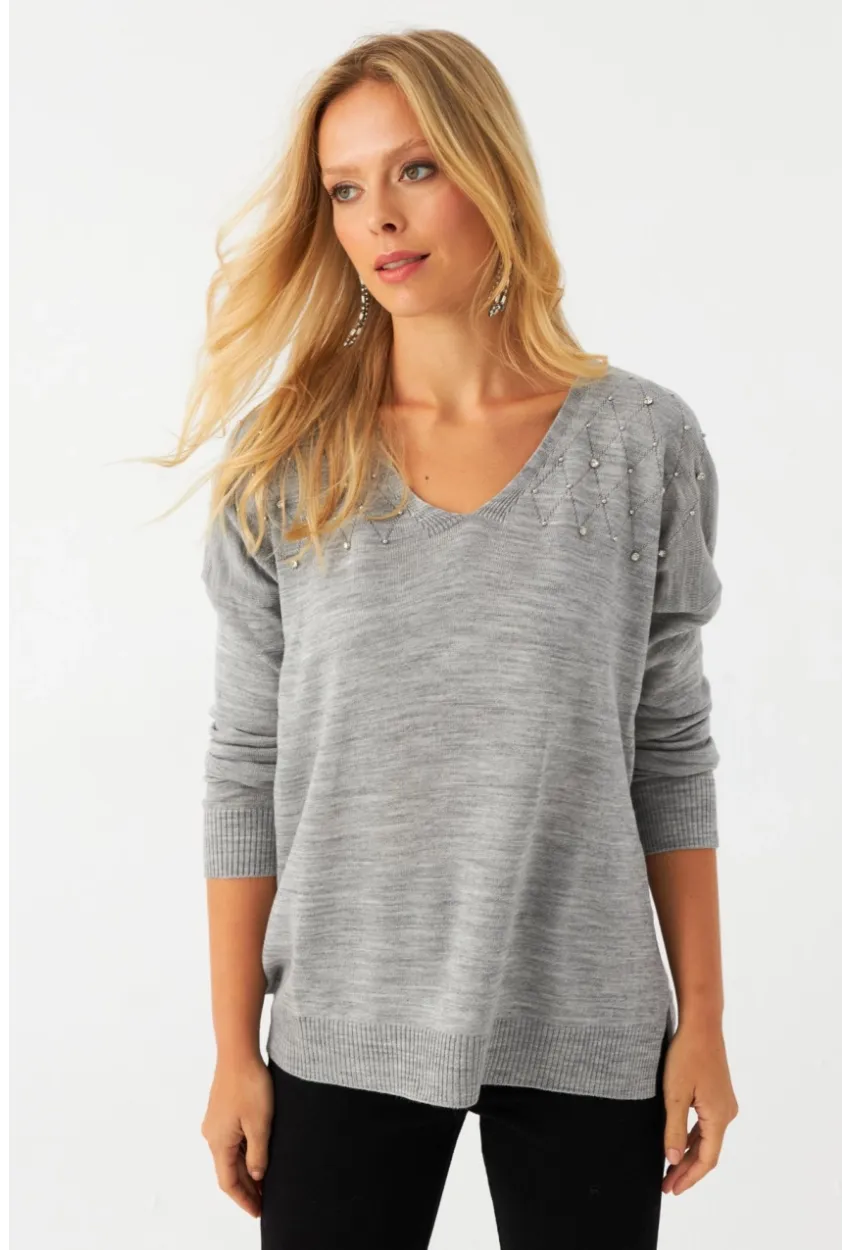 Kadın Açık Gri V Yaka Taşlı İnce Triko Bluz YİL002