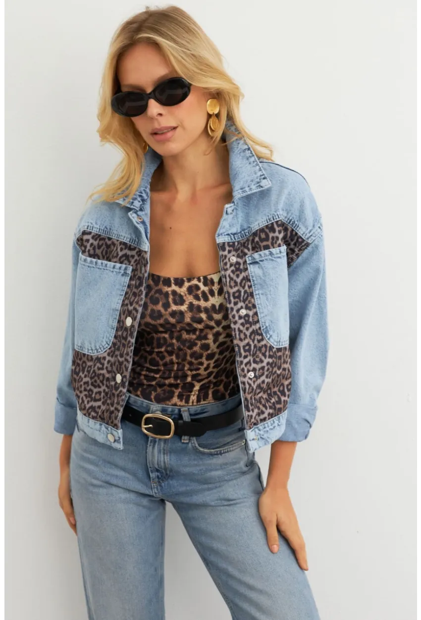 Kadın Açık-Mavi Bloklu Leopar Denim Ceket KAM300