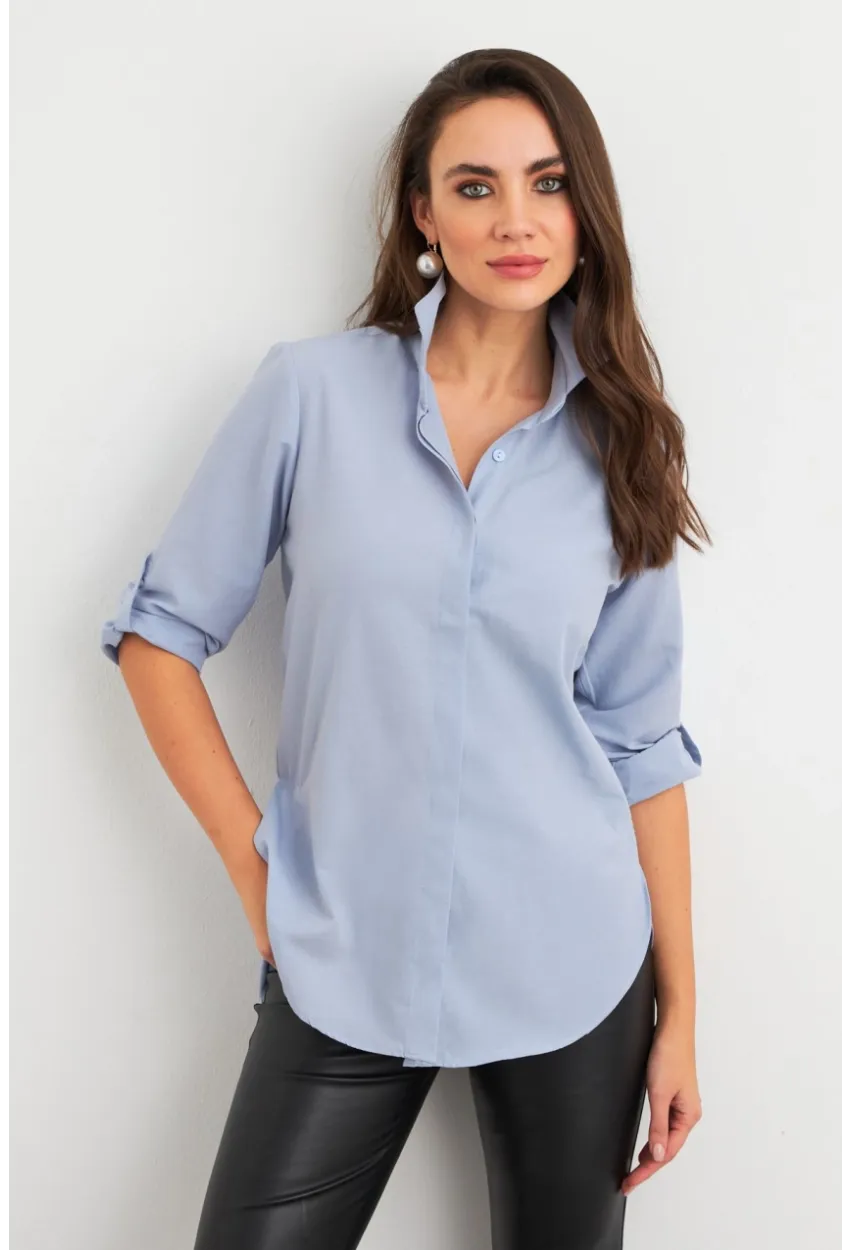 Kadın Açık-Mavi Gizli Düğmeli Uzun Gömlek SF2001