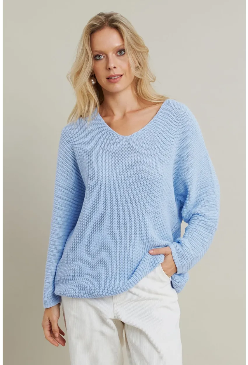 Kadın Açık-Mavi V Yaka Salaş Triko Bluz SMT158