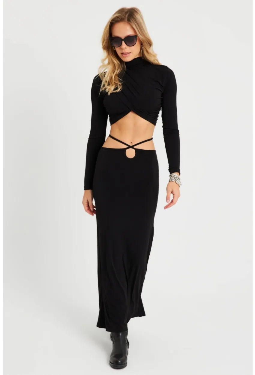 Kadın Alt Üst Büzgülü Crop Takım Siyah YEL86