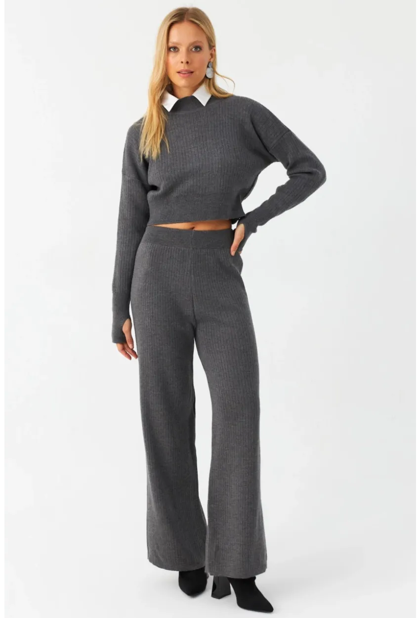 Kadın Antrasit Alt Üst Triko Takım ELT163