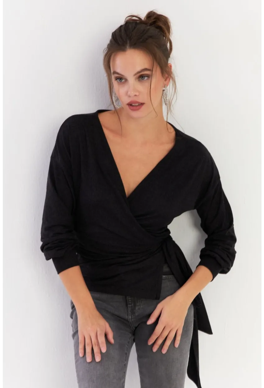 Kadın Antrasit Bağlamalı Kruvaze Bluz EY2933