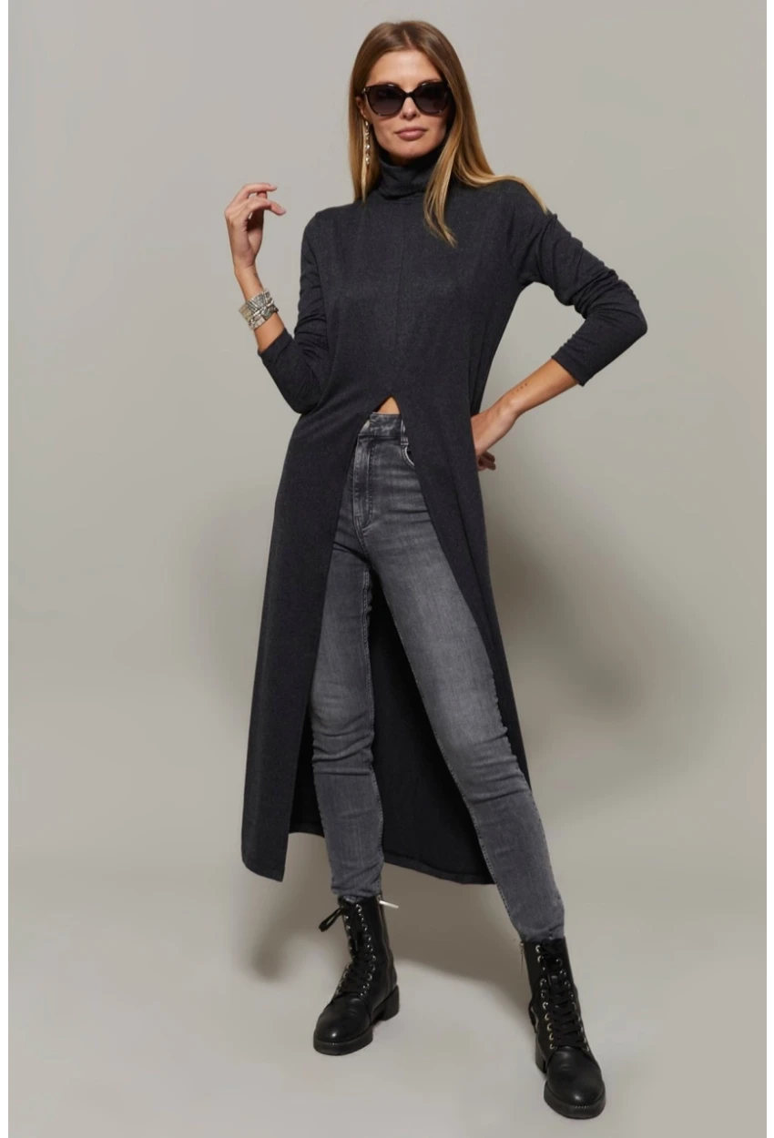Kadın Antrasit Balıkçı Yaka Uzun Yırtmaçlı Tunik EY1150