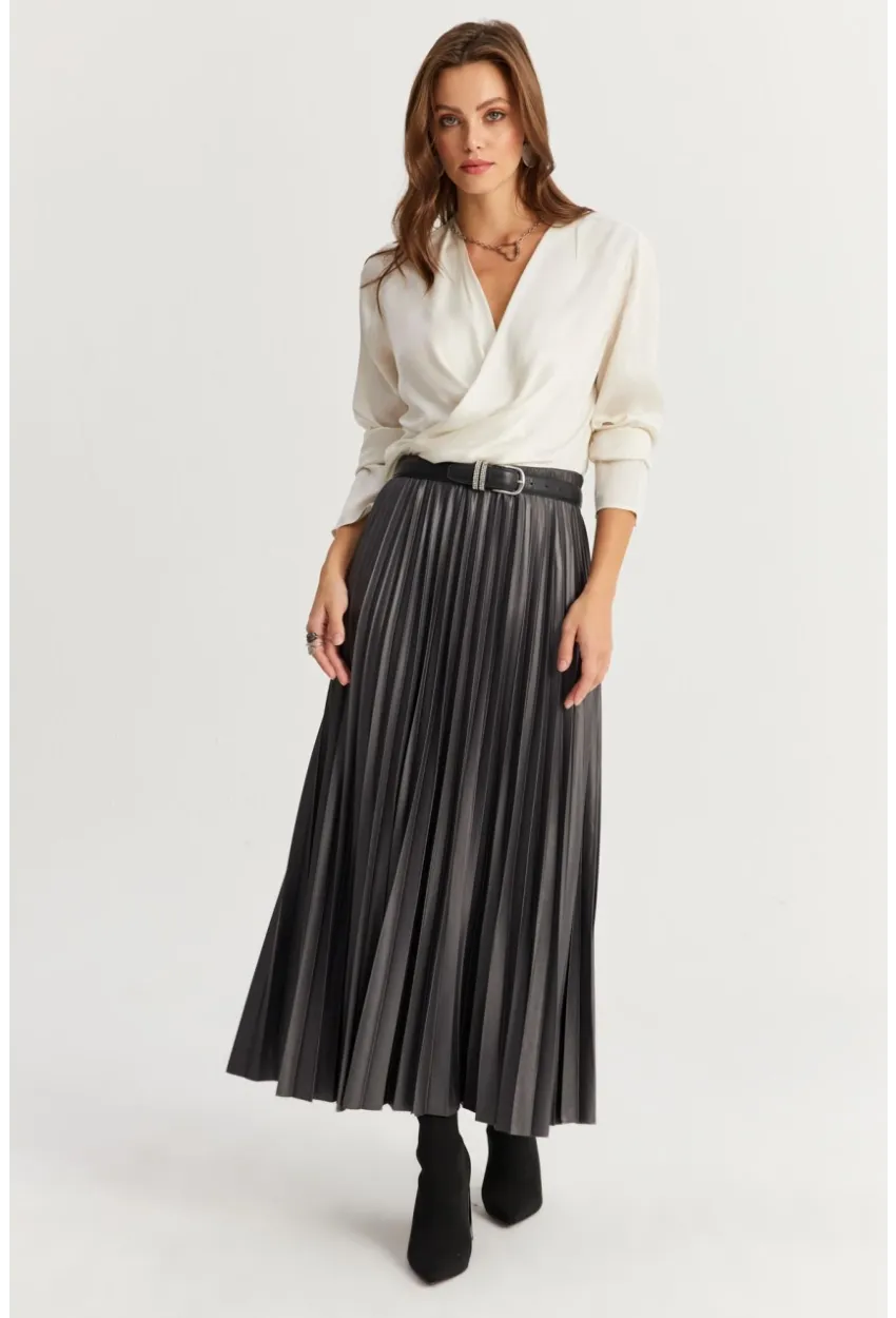 Kadın Antrasit Beli Lastikli Pilise Etek GÇ190