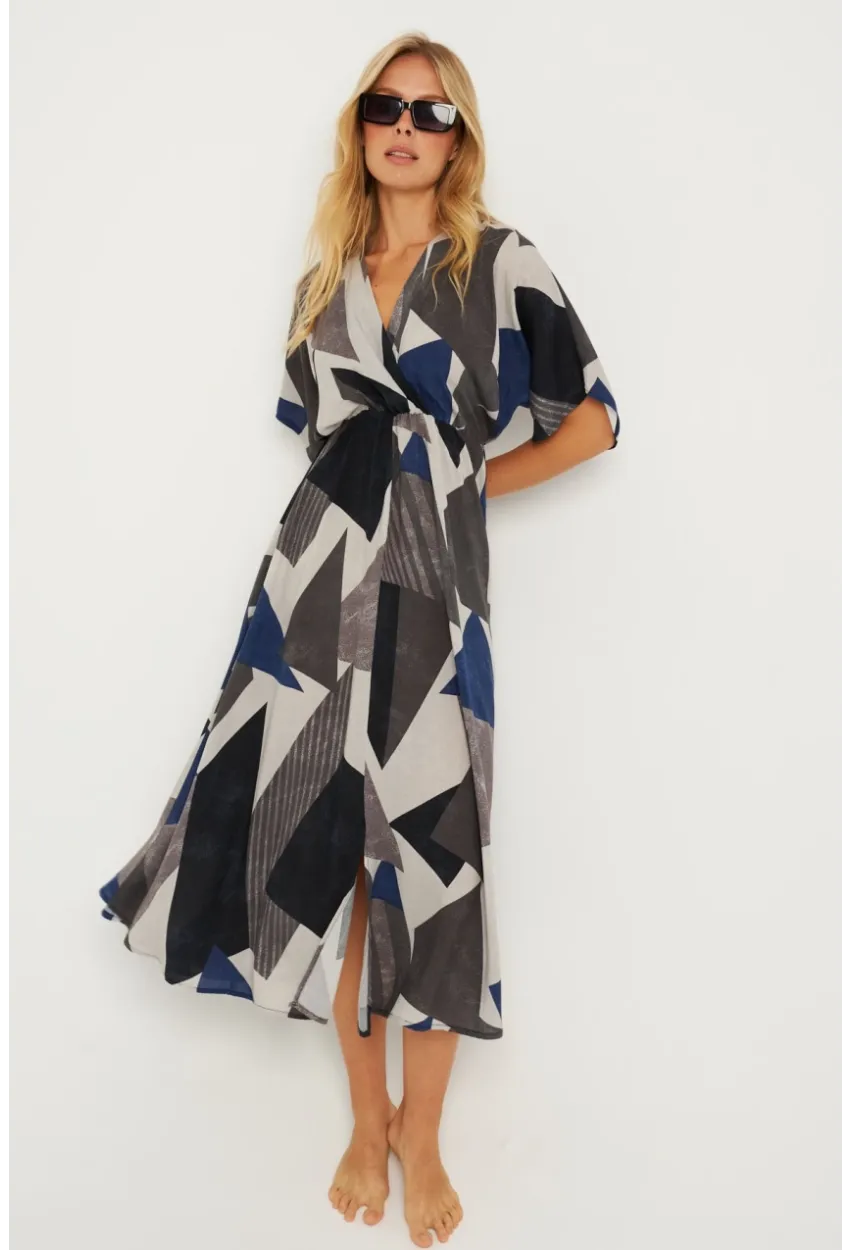 Kadın Antrasit Desenli Kruvaze Midi Elbise HT108