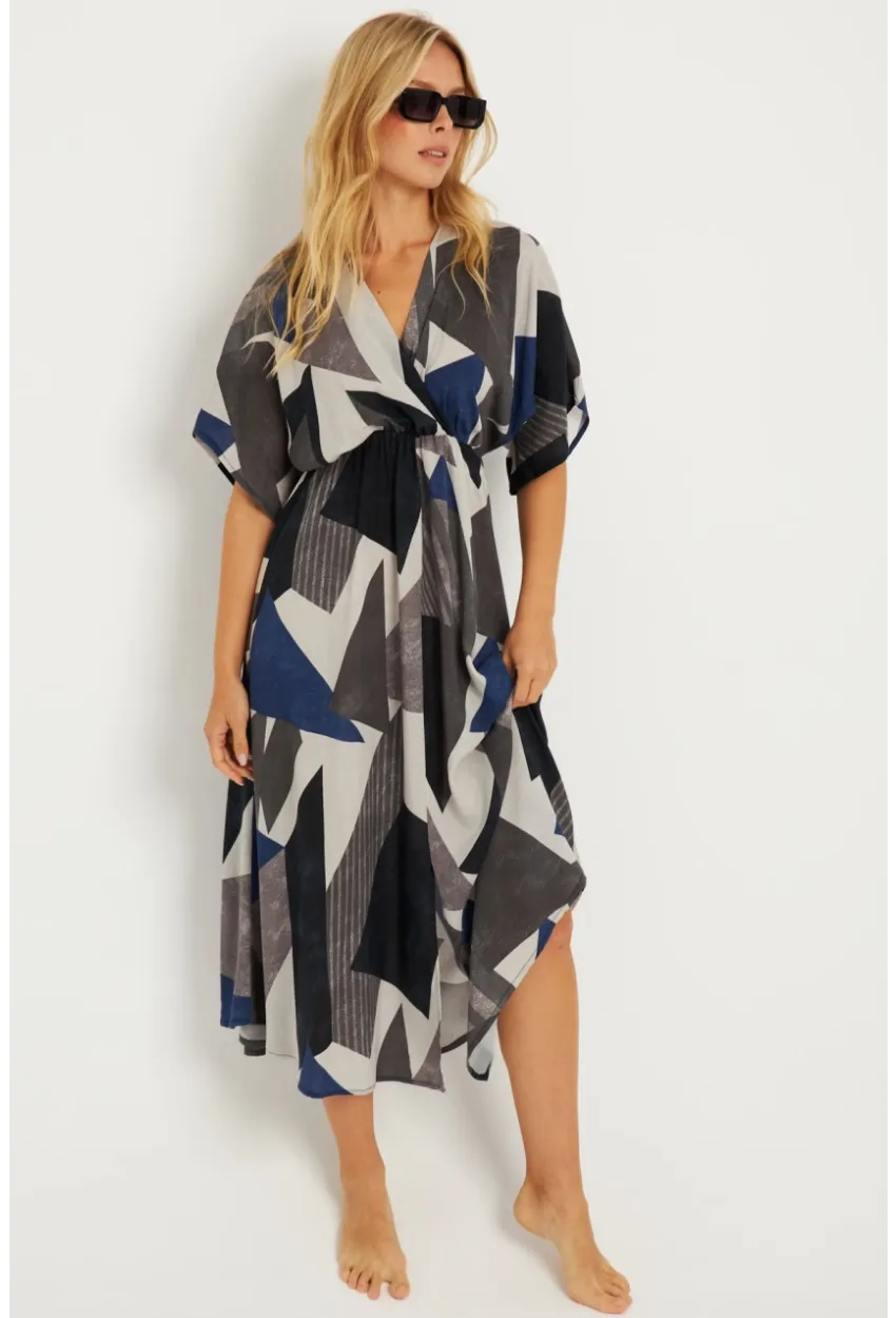 Kadın Antrasit Desenli Kruvaze Midi Elbise HT108