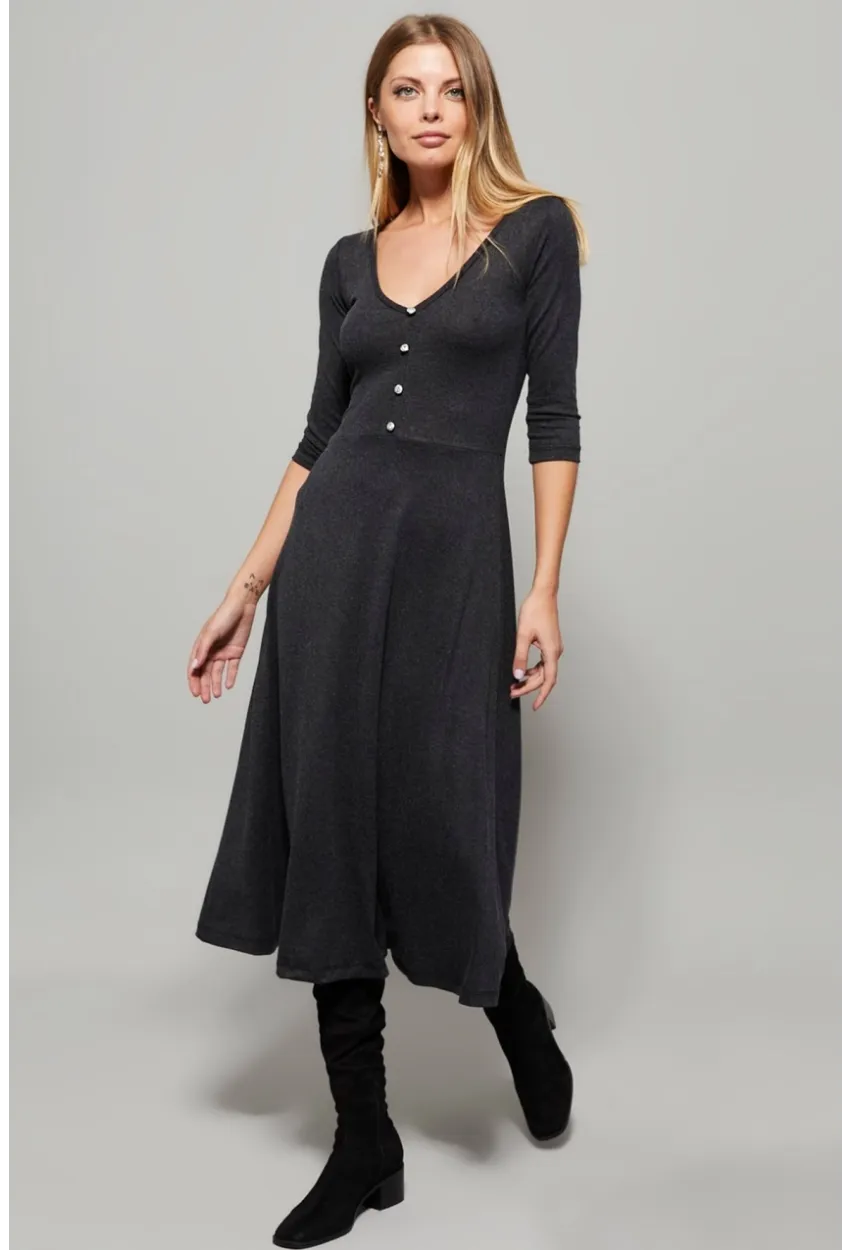 Kadın Antrasit Düğme Aksesuarlı V Yaka Elbise EY1123