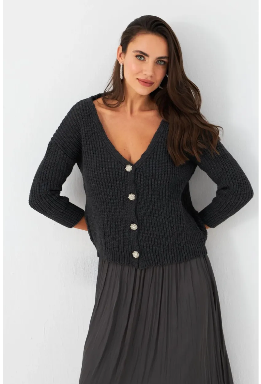 Kadın Antrasit Düğme Detaylı Hırka KAZ30