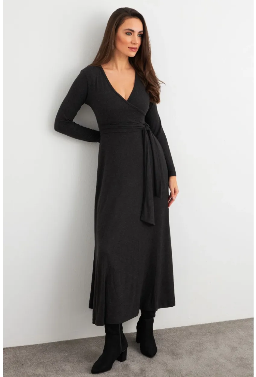 Kadın Antrasit Kruvaze Bağlamalı Midi Elbise EY3020