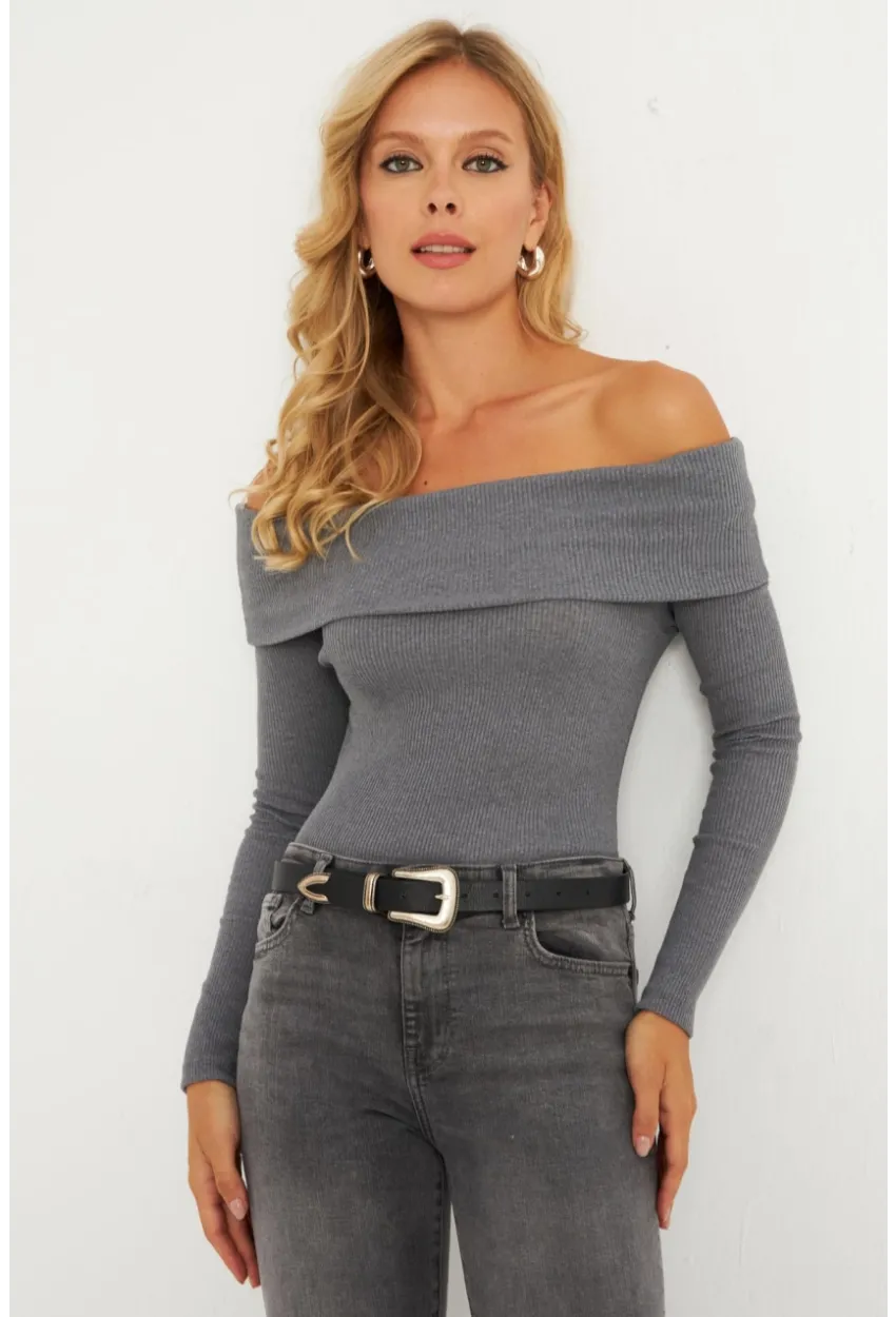 Kadın Antrasit Madonna Yaka Kaşkorse Bluz XL2210