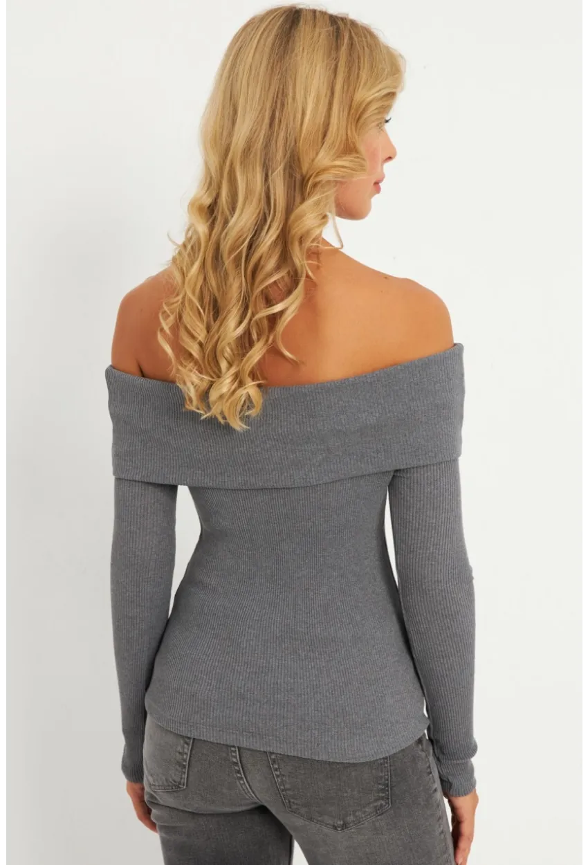 Kadın Antrasit Madonna Yaka Kaşkorse Bluz XL2210