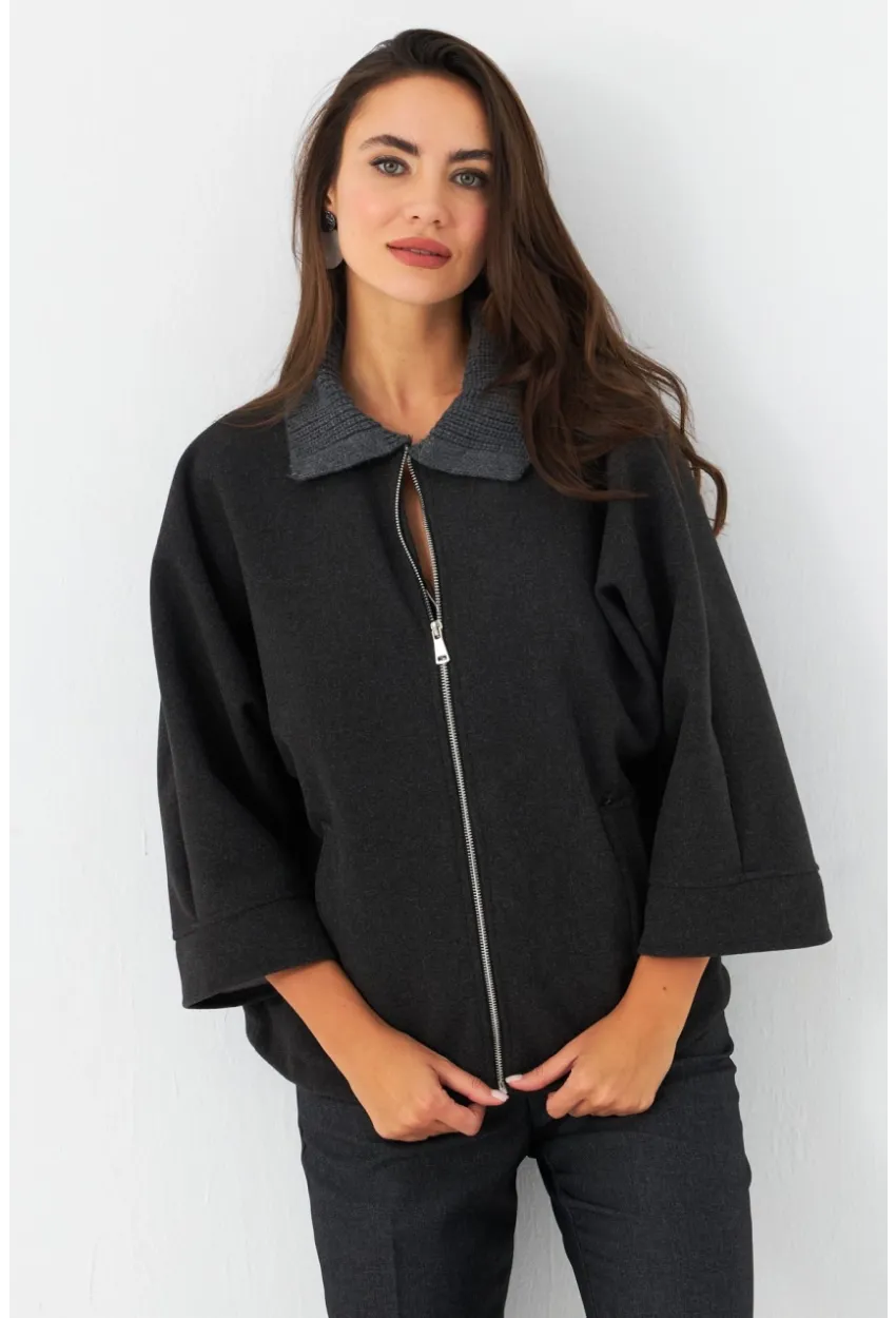 Kadın Antrasit Örme Yaka Kaşe Ceket CAR1080