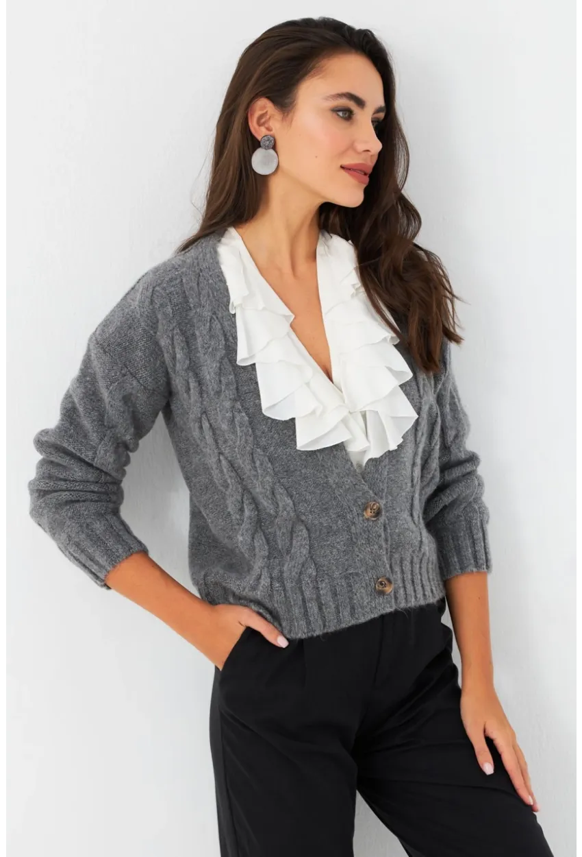 Kadın Antrasit Saç Örgülü Hırka YV295