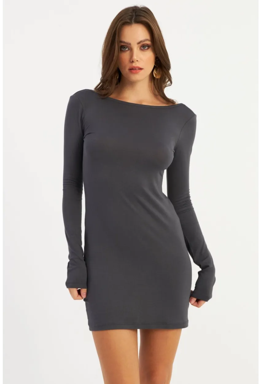 Kadın Antrasit Sırt Dekolteli Mini Elbise HOR36