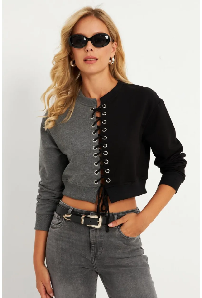 Kadın Antrasit-Siyah Kuşgözlü Kısa Sweatshirt TF02