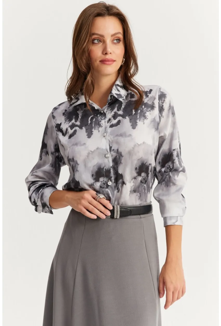 Kadın Antrasit Taş Düğmeli Desenli Gömlek MLVF9