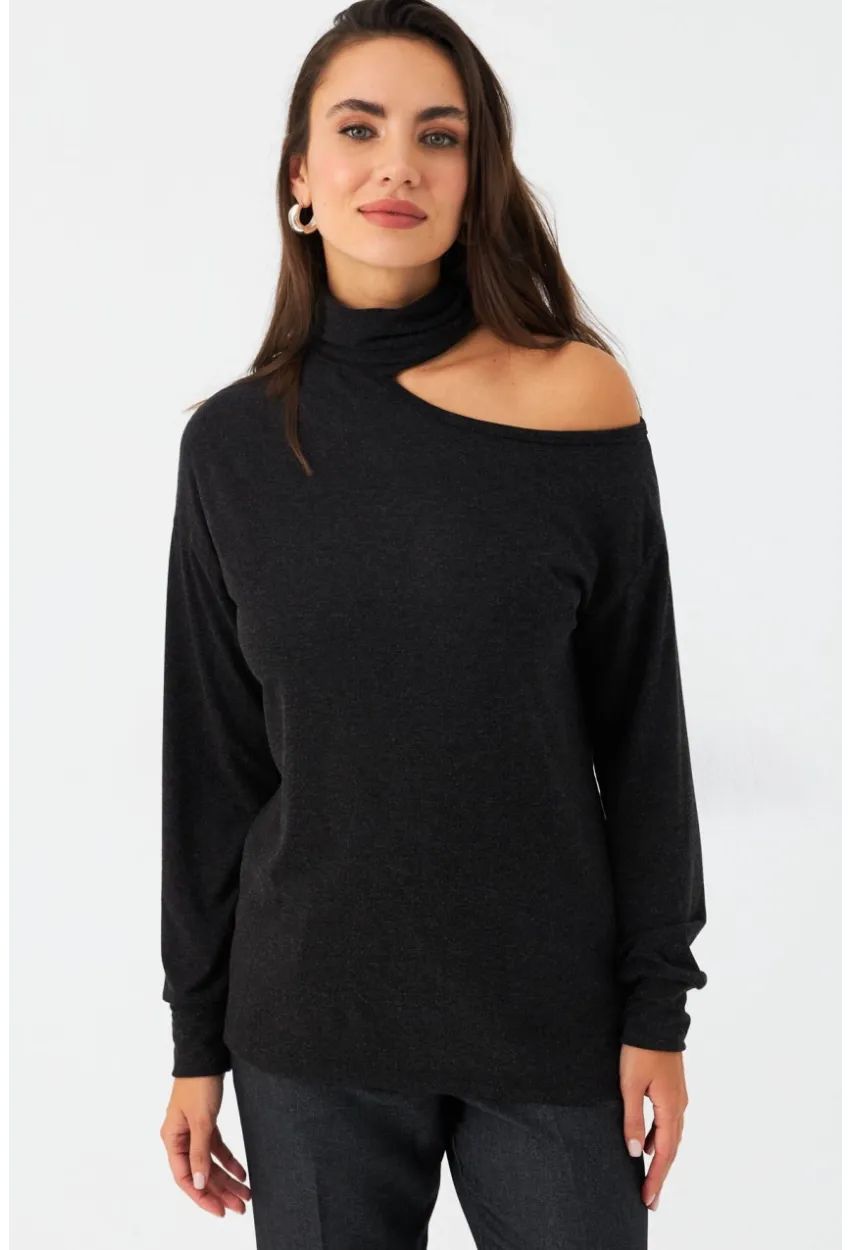 Kadın Antrasit Tek Omuz Açık Balıkçı Bluz EY2981