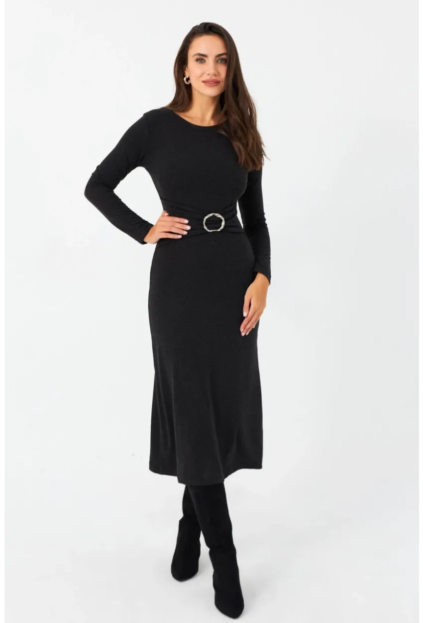 Kadın Antrasit Tokalı Midi Elbise EY2984