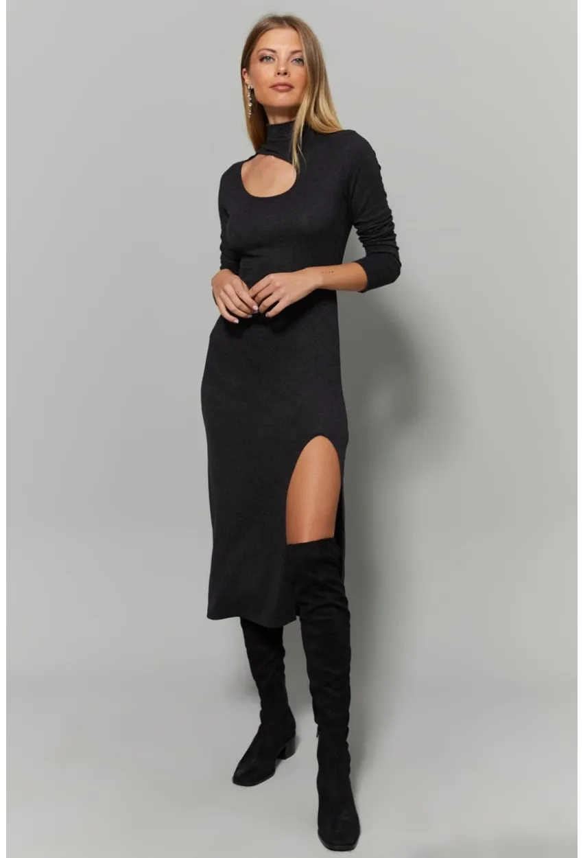 Kadın Antrasit Yaka Pencereli Yırtmaçlı Elbise Yİ1984