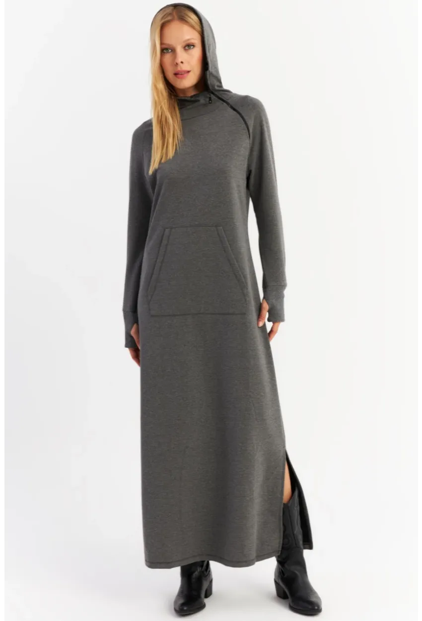 Kadın Antrasit Yakası Fermuarlı Maxi Sweat Elbise MTF12