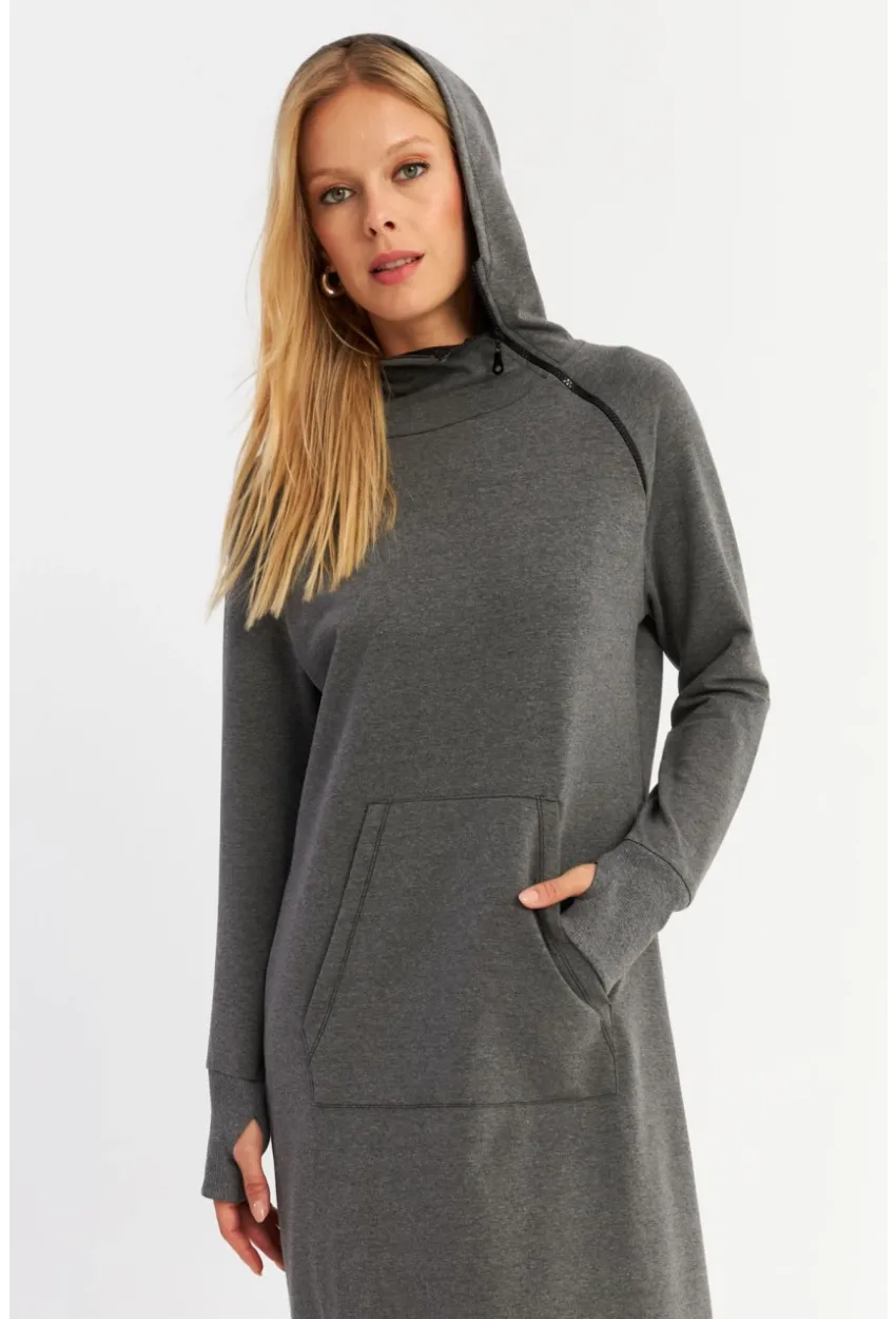 Kadın Antrasit Yakası Fermuarlı Maxi Sweat Elbise MTF12