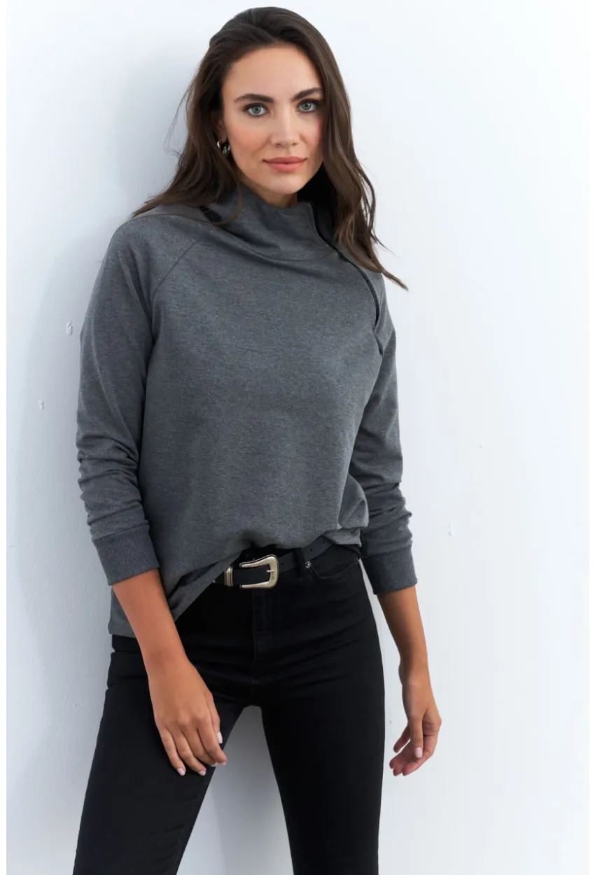 Kadın Antrasit Yakası Fermuarlı Sweatshirt TF11
