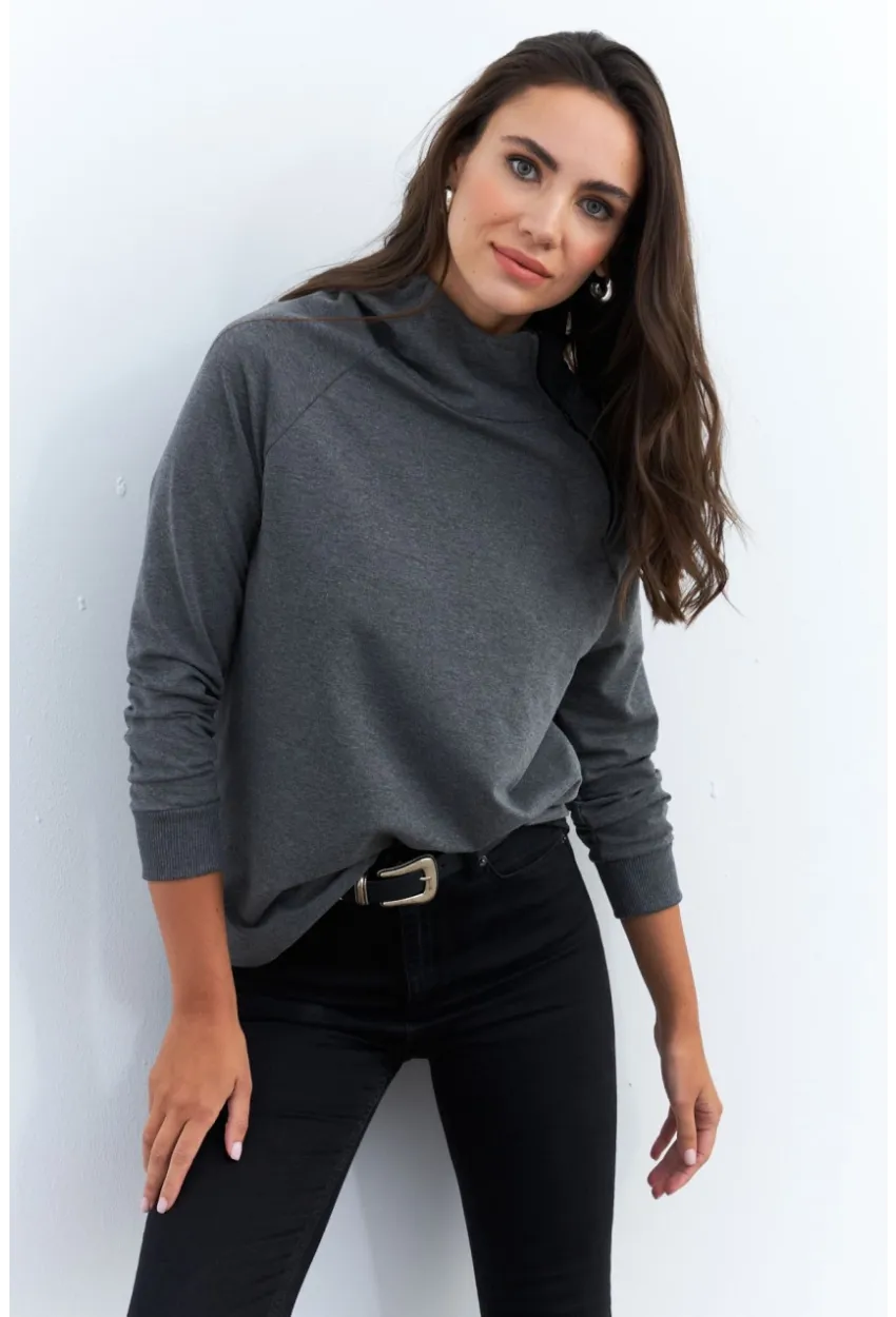 Kadın Antrasit Yakası Fermuarlı Sweatshirt TF11