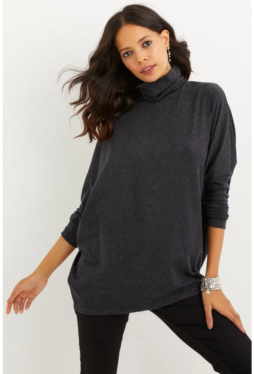 Kadın Antrasit Yarasa Kol Balıkçı Bluz EY1049