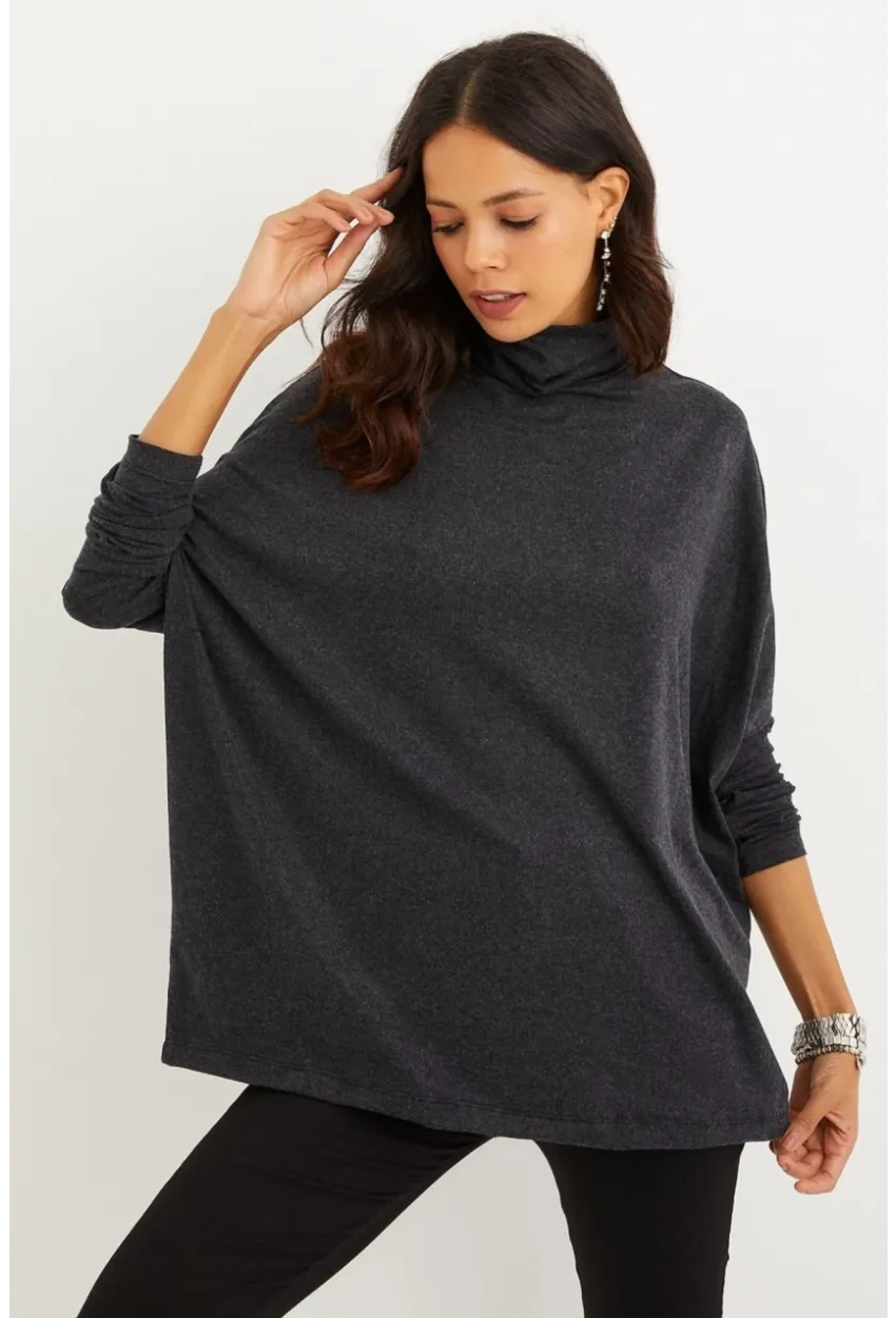 Kadın Antrasit Yarasa Kol Balıkçı Bluz MEY1049