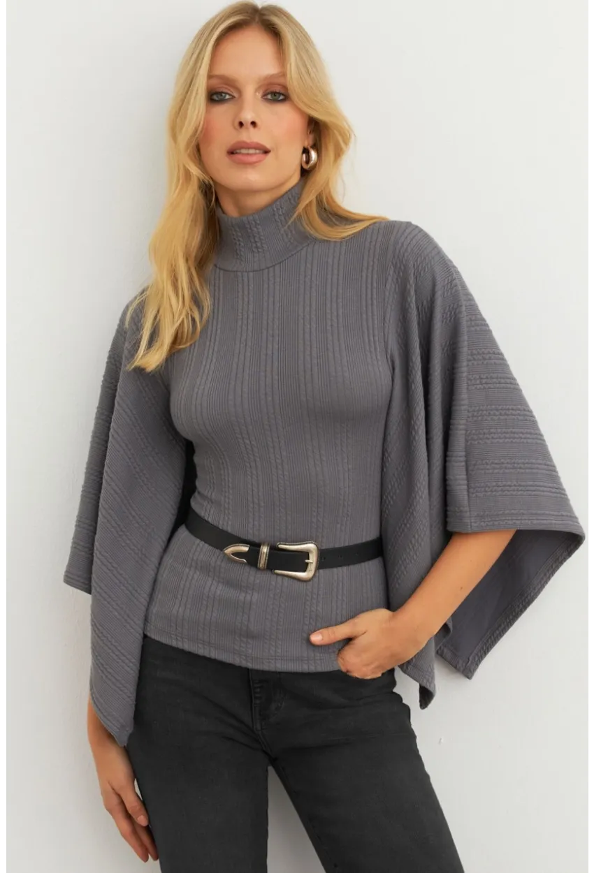 Kadın Antrasit Yarasa Kol Balıkçı Bluz MTF32